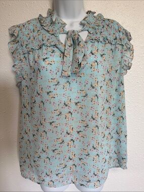 Pleione Light Blue Floral Tie-Neck Ruffle Blouse Size M